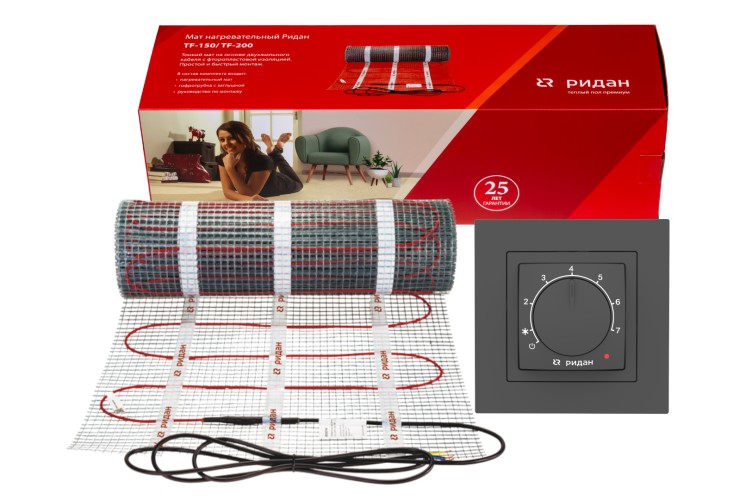 Ridan 21RT1026R — Розничный комплект для теплого пола: нагревательный мат Ridan TF-150 8 м² с терморегулятором Ridan Twist (черный)